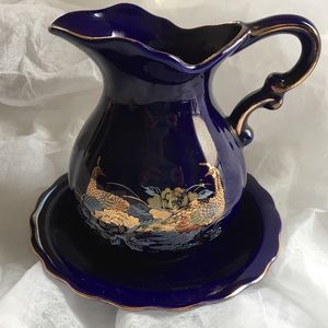 2/$20 Cobalt Blue Gold Paint Porcelain Jug & Bowl